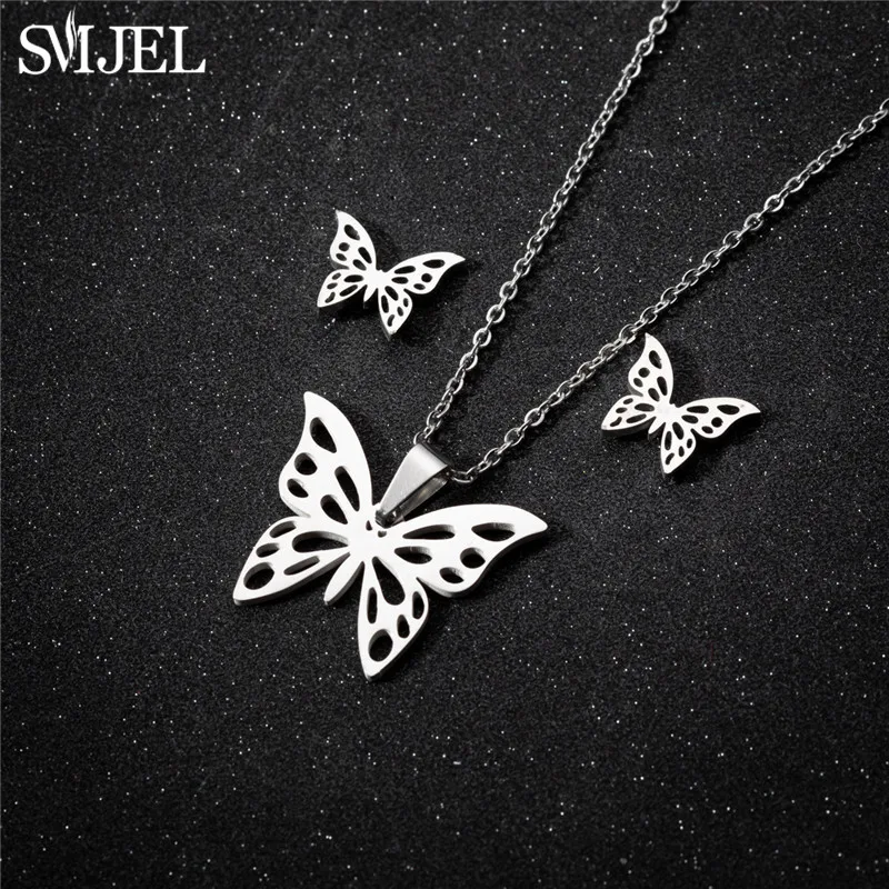Korea Style Stainless Steel Butterfly Jewelry Sets for Women Cartoon Bee Insect Pendant Necklace Girls Summer Beach Wedding Gift 2
