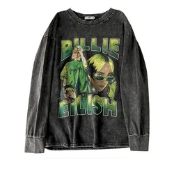 Casual Loose Pullovers Women American Vintage Graffiti Print Pullover Cotton Long Sleeve T-shirt Men Hip-hop Washed Craft Tops