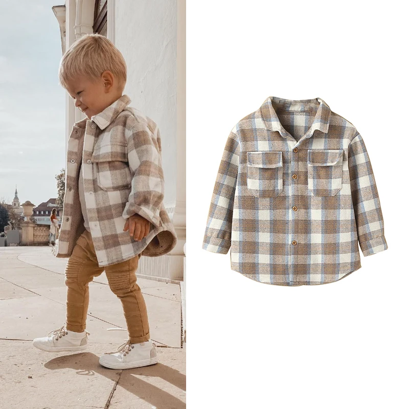 2-7Y Autumn Causal Baby Boys Girl&rsquo;s Lapel Shirt Outfits Long Sleeves Plaid Printed Single-breasted Jacket girls long sleeve shirts boys long sleeve shirts