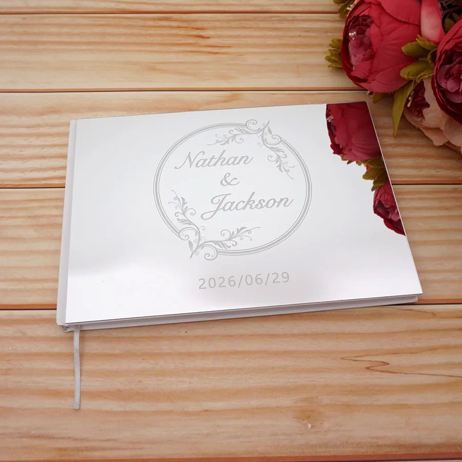 Wedding Guest Book Acrylic Mirror Cover Personalized Engraved Newlyweds Name&Date Wedding Signature Reception Book 25x18cm