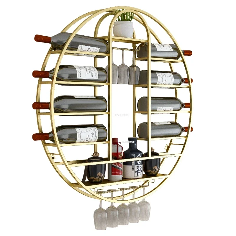 Nordic Round Wall-mounted Wine Rack Home Storage Rack with Wine Glass Holder Modern Bar Furniture Luxury Gold Iron Cabinets
