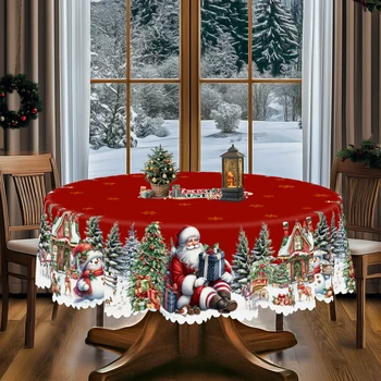 1 Piece Christmas Round and Rectangular Tablecloth, Available in Various Sizes, Christmas and New Year, Santa Claus, Snowman Red Tablecloth, Christmas Garden Tablecloth Decoration, Tablecloth for Daily Home Kitchen, Party Parties, Gifts