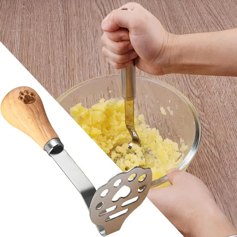 Stainless Steel Food Masher Manual Heavy-Duty Mashing Utensil Claw Pattern Potato Masher wooden handle Kitchen Accessories
