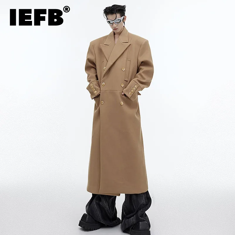 

Мужское шерстяное длинное пальто IEFB, нишевое меховое пальто с наплечниками, простая повседневная ветровка длиной до колен, мужские шерстяные осенние ветрозащитные куртки, новинка 24x2023