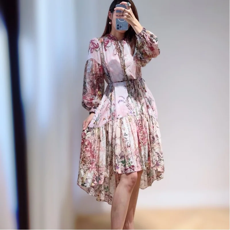 

Large Floral Silk Printed Midi Dress, Large Swing Dress, French Vacation Style, New, Summer, 2024