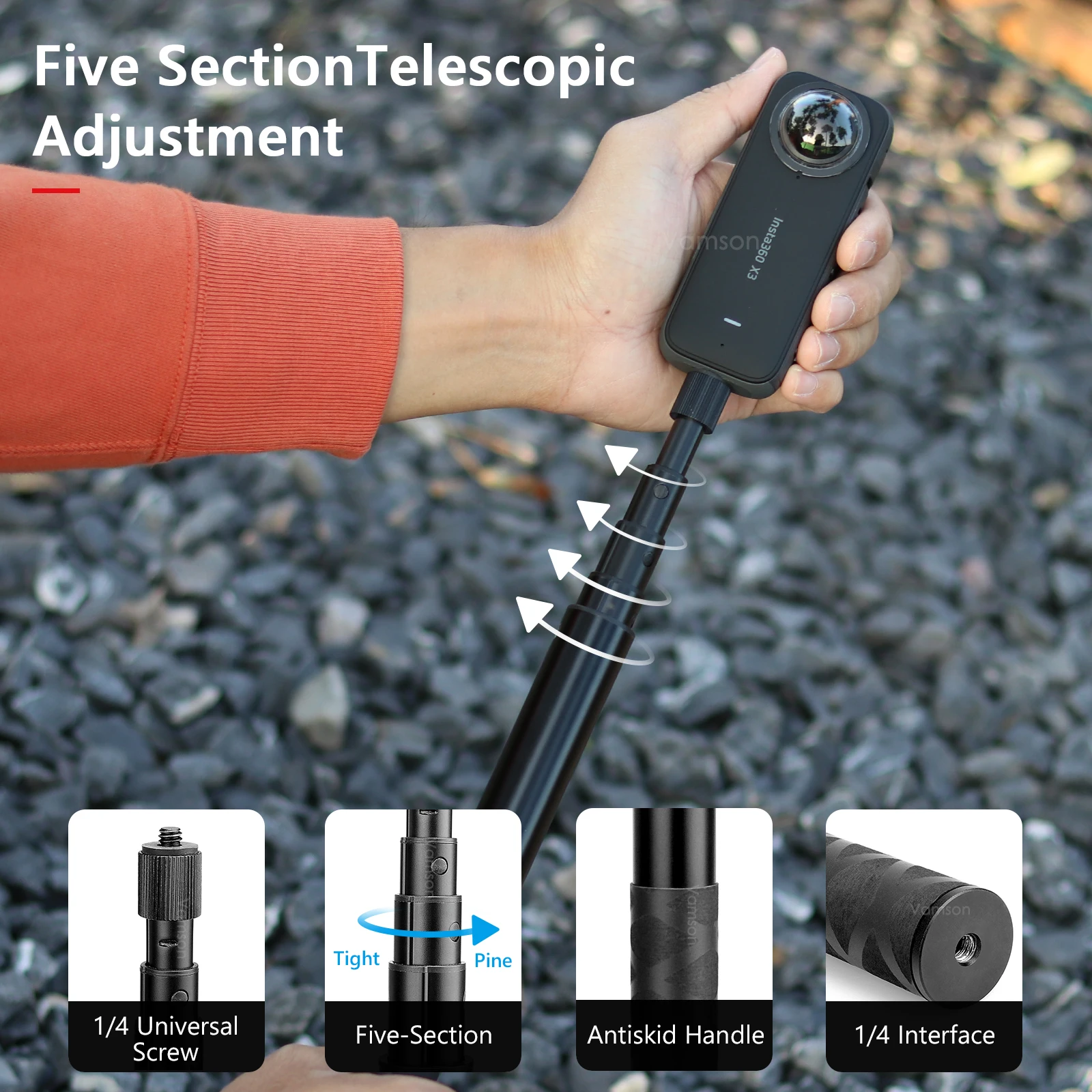 Vamson Invisible Selfie Stick For Insta360 X3 Rotating Bullet Time Handheld Tripod For Insta 360 ONE X2 ONE RS GoPro Accessories