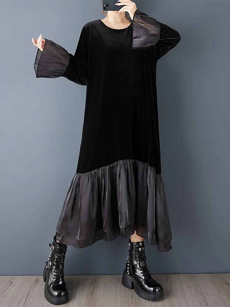 Mesh Patchwork Pleated Dresses For Women New Loose Casual Long Sleeve Vintage Dress Fashion Elegant Clothing Spring Autumn 2025