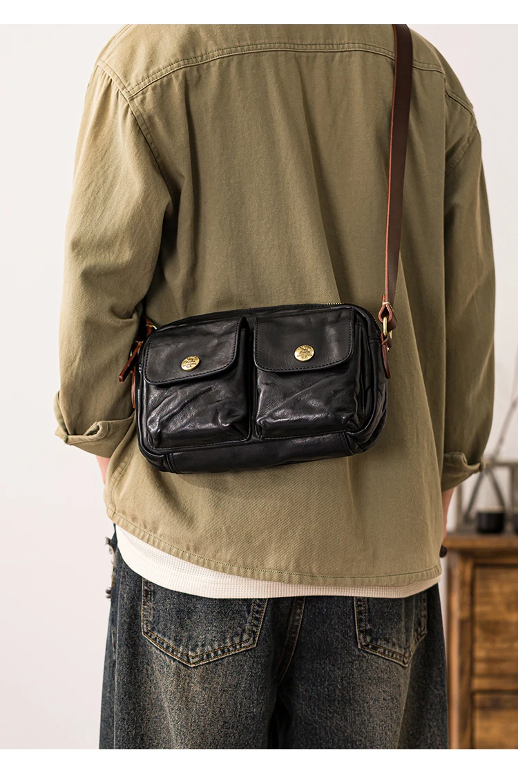 Lässige handgefertigte Herren-Umhängetasche aus pflanzlich gegerbtem Leder mit mehreren Taschen, modische Wochenendparty-Umhängetasche aus echtem Leder – Detail 8
