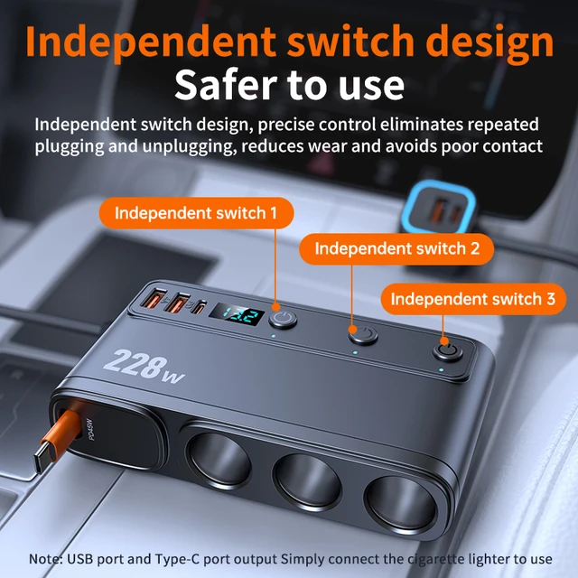 9-in-1 Cigarette Lighter Splitter – 228W USB-C Car Charger Adapter with QC3.0, PD45W Fast Charging, Telescopic Cable, and LED Voltage Display (12V/24V) 6