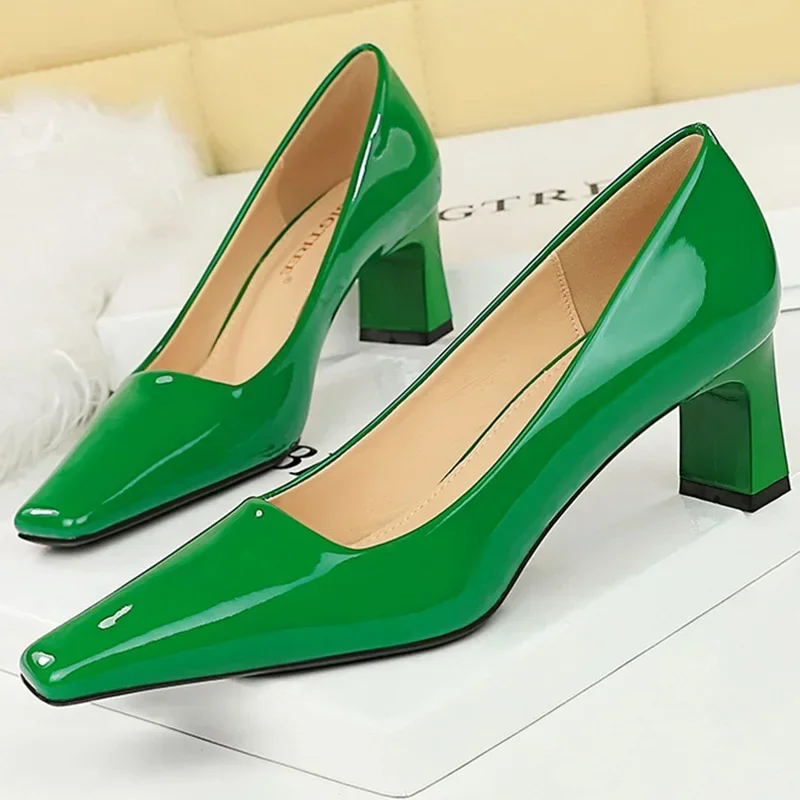 Women 6cm High Heels Heels Green Blue Nude Burgundy Low Square Lady Bling Glossy Leather Wedding Evening Party Shoes