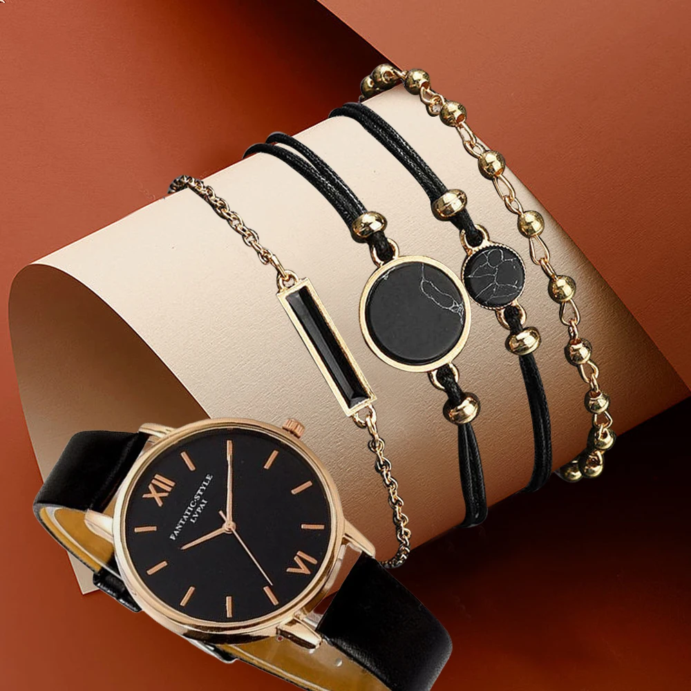 

Women Watches 2023 Luxury 5pcs Gold Dial Fashion Wristwatch Leather Buckle Ladies Casual Watch Set Female Clock Hot Reloj Mujer
