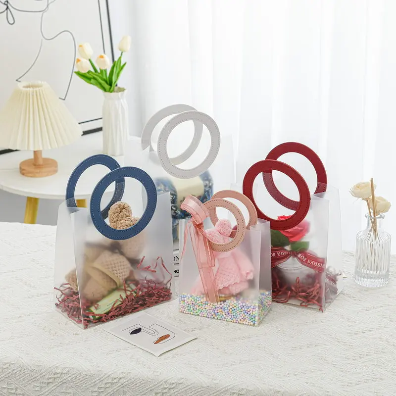 PVC Transparent Gift Bag Tote PP Frosted Plastic Shopping Tote Bag with Handles Clear Clothing Drinks Packaging 5/10 PCS plastic shopping bags gift bags