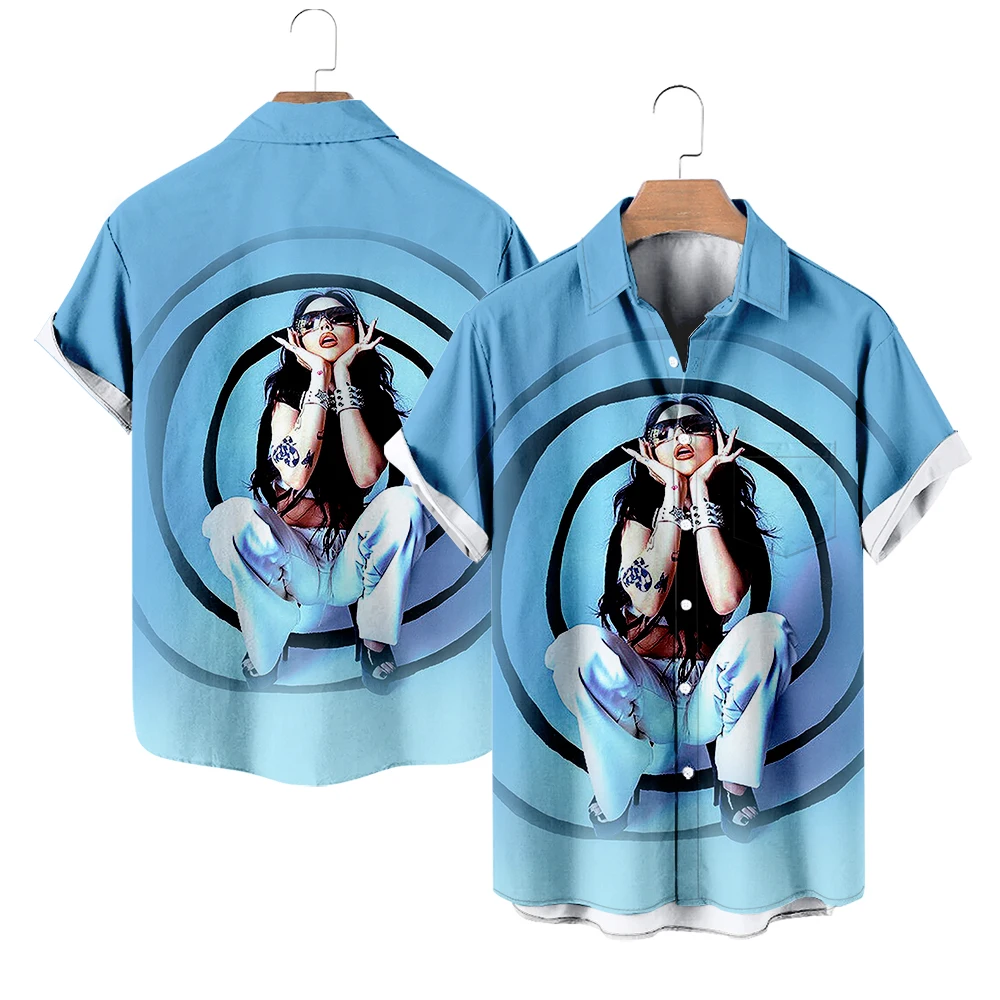 

Maggie Lindemann Summer Short Sleeve Shirts V-Neck Turn-down Collar Casual Beach Style Button Shirt