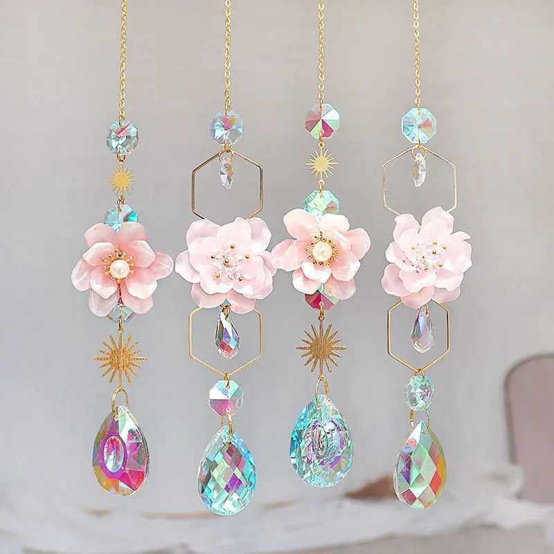 42cm Suncatcher Crystal Rainbow Maker Flower with Pink Stone Home Outdoor Garden Wedding Party Decoration Women Gift sun catcher,sun catchers