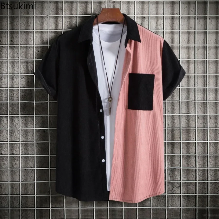 New Men's Corduroy Short Sleeve Shirts Fashion Patchwork Lapel Striped Shirts Coats Men Casual Loose Colorblock Tops Blouse