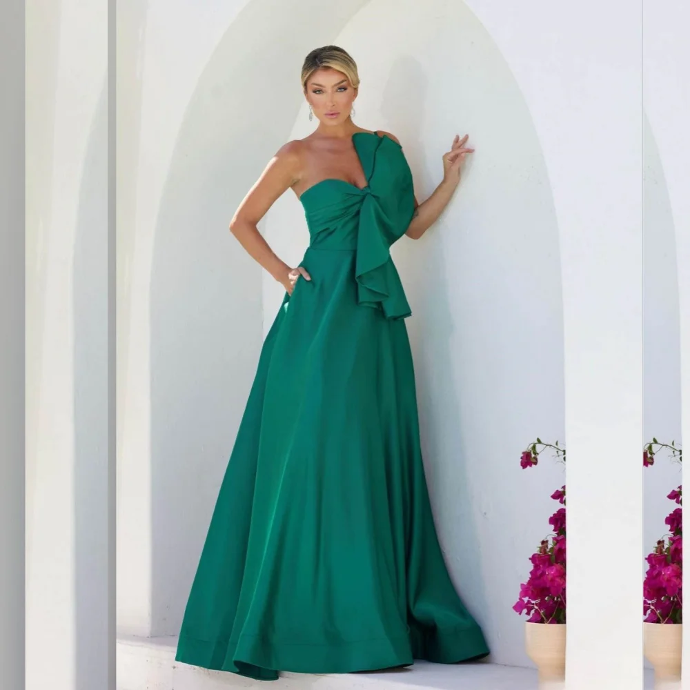 

Elegant Exquisite Pleat Bow Draped A-line One-shoulder Long Dresses Cocktail Dresses High Quality Pastrol Retro Fashion Casual