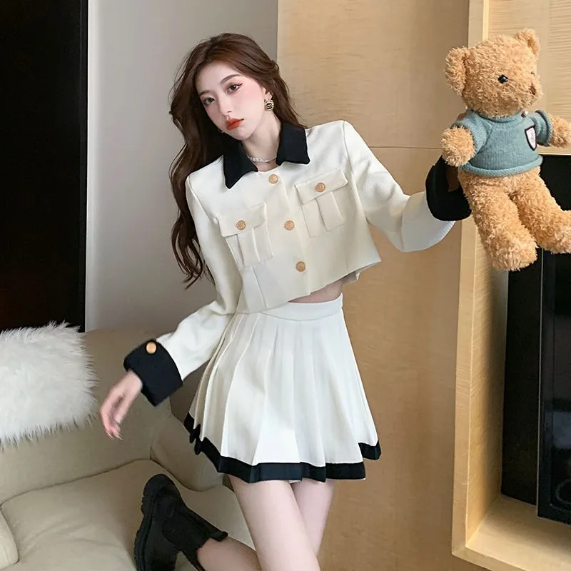 

Female Temperament Celebrity Coat Skirt Suit Autumn Advanced Sense Spliced Top High Waisted Pleated Skirts Two Piece Set Clothes