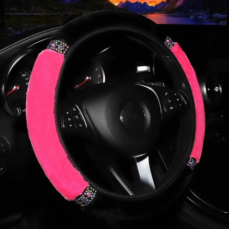 Car Steering Wheel Cover 37-38cm Diameter Soft Plush Rhinestone steering wheel cover