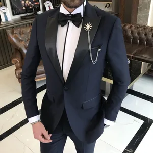 Classic Wedding Tuxedos Groom  Suits For Men (Jacket +Pants+Bowtie ) Business Black Satin Collar Covered Button