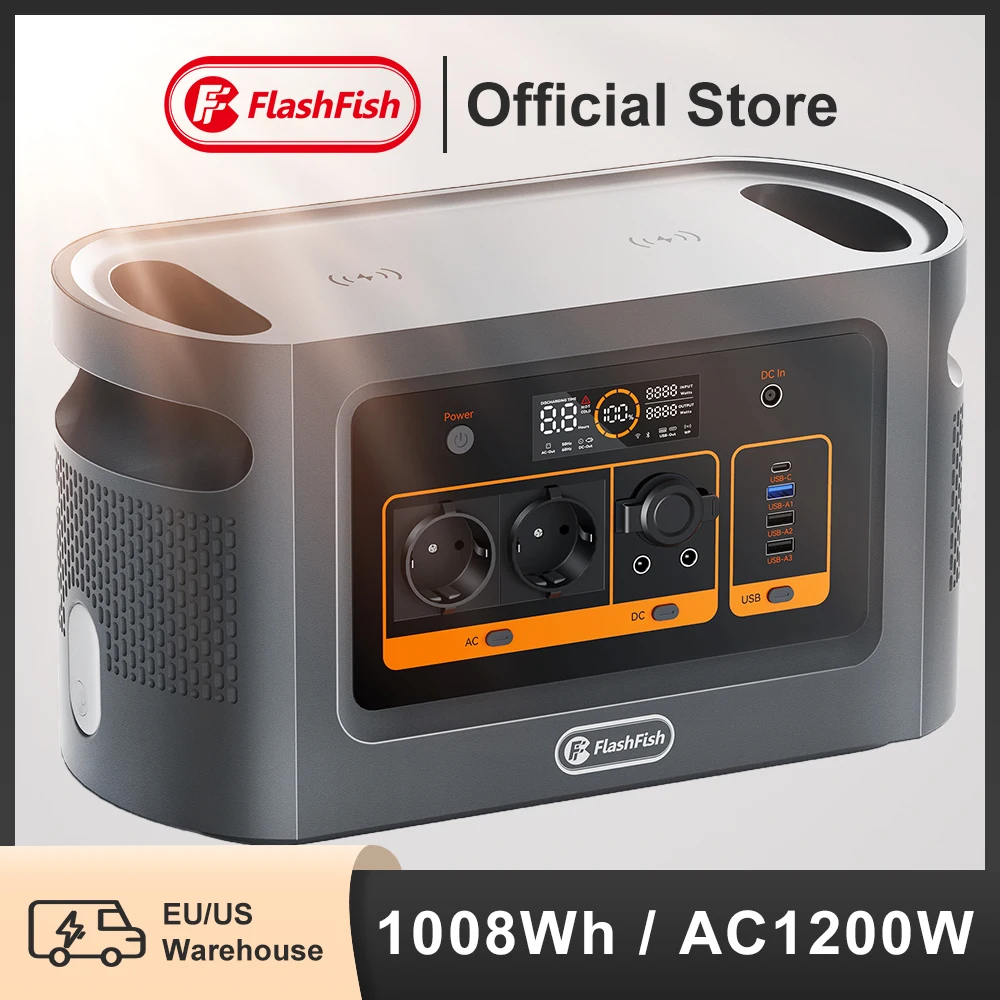 FF Flashfish QE02D Lifepo4 1008Wh Rechargeable Portable Power Station 1200W 315000mAh Solar Generator UPS AC Wireless Battery 2