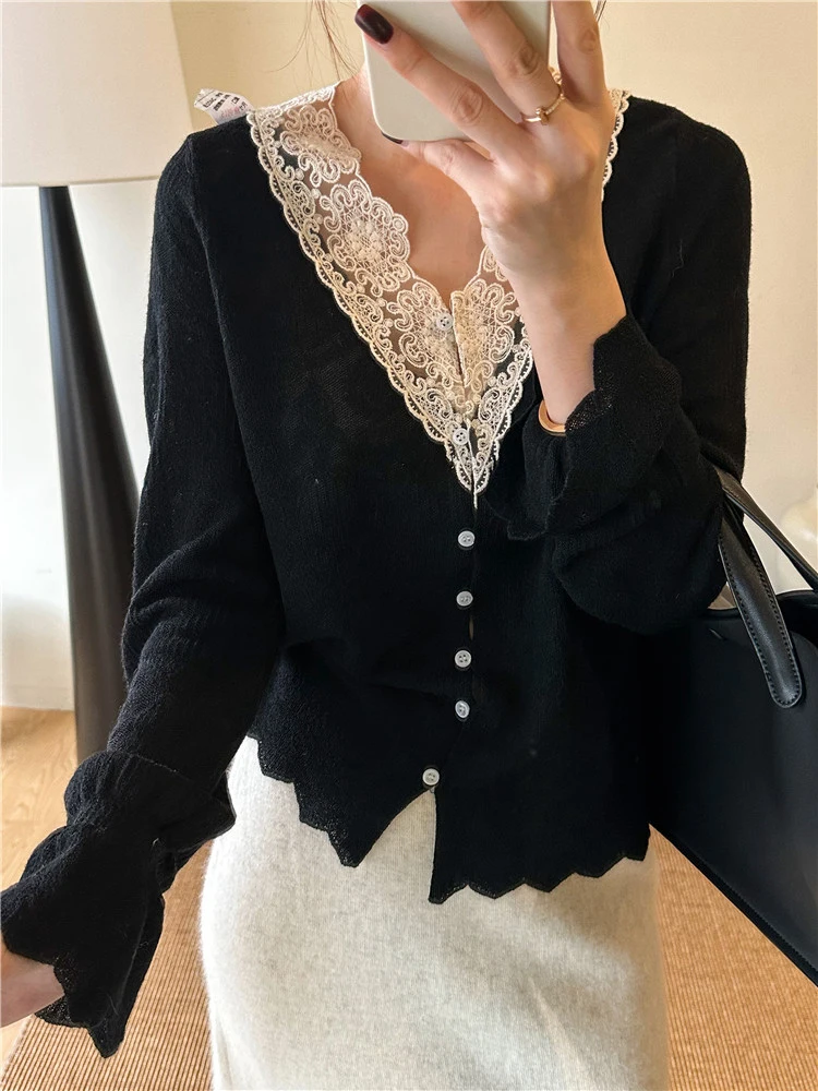 Elegant V-Neck Lace Spliced Cardigan with Flare Sleeves - Women's Autumn Knitwear