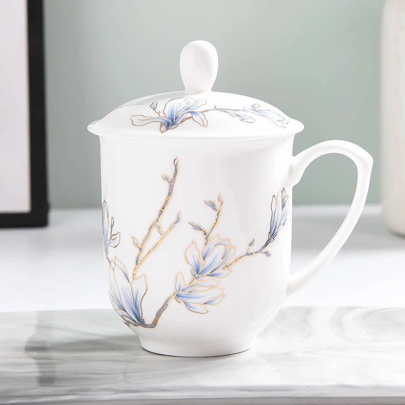 Chinese Style Ceramic With Cover White Porcelain Personal Tea Mugs, Personal Creative Floral Pattern, Milk Water Cup, 400ml, 1Pc