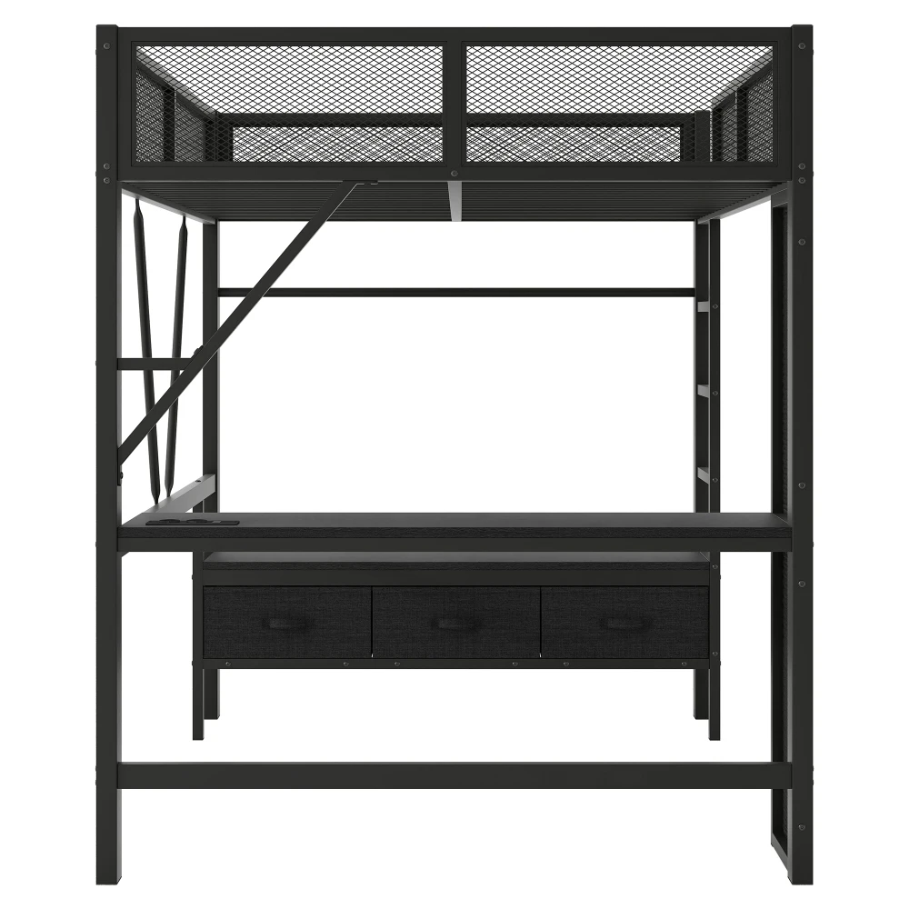 140 x 200 cm großes modernes Kinderzimmer-Metallbett, mit offenem Kleiderschrank und 3 Schubladen, Bett mit USB und LED-Licht, kontinuierliches Gittergeländer – Detail 15