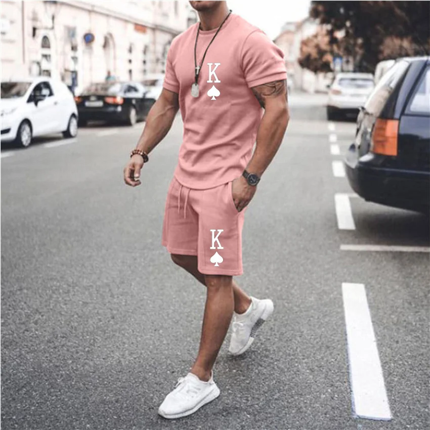 men's loungewear sets Men's Summer Fashion Sportswear Poker Pattern Short Sleeve T-Shirt + Loose Pants Solid Color Two Piece Casual Street Suit 6xl mens shorts and t shirt set