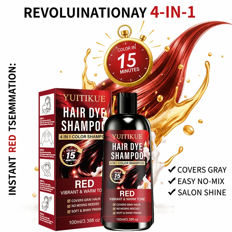 YUITIKUE Shampoo colorante rosso 4 in 1, colore caldo a lunga durata, shampoo colorante rapido per coprire i capelli bianchi e grigi - immagine 4