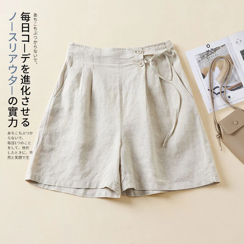 Summer Cotton Linen Elastic Waist Wide Leg Short Pants Ladies Loose Casual Solid Color Lace Up All-match Shorts Women's Clothing