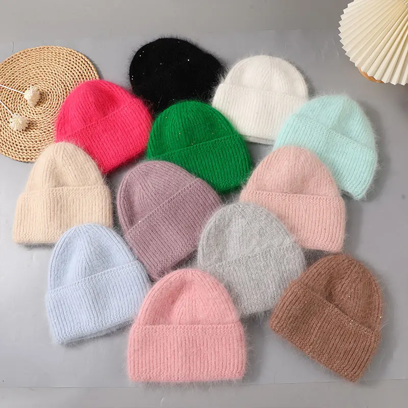 CNTANG 2023 Trend Women Hat Winter Warm Angora Long Rabbit Fur Beanies Knitted Cashmere Hats For Female Fashion Ladies Cap