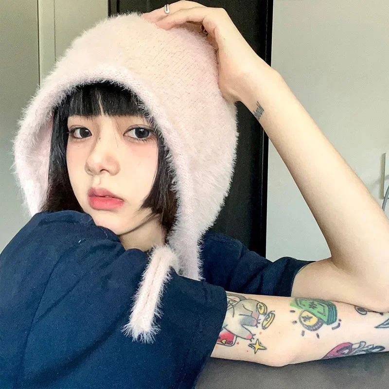 Y2K Cute Beanie Autumn Winter Women Warm Japanese Knit Hat Pile Caps Men Ear Protection Tie Pullover Hat Gorro Bonnet