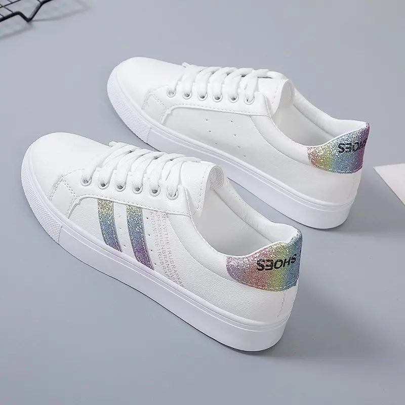 Spring Autumn New Anti-Slip Casual Shallow White Shoes Women Flat Bottom One-Legged Versatile Sports Leather Student Board Shoes
