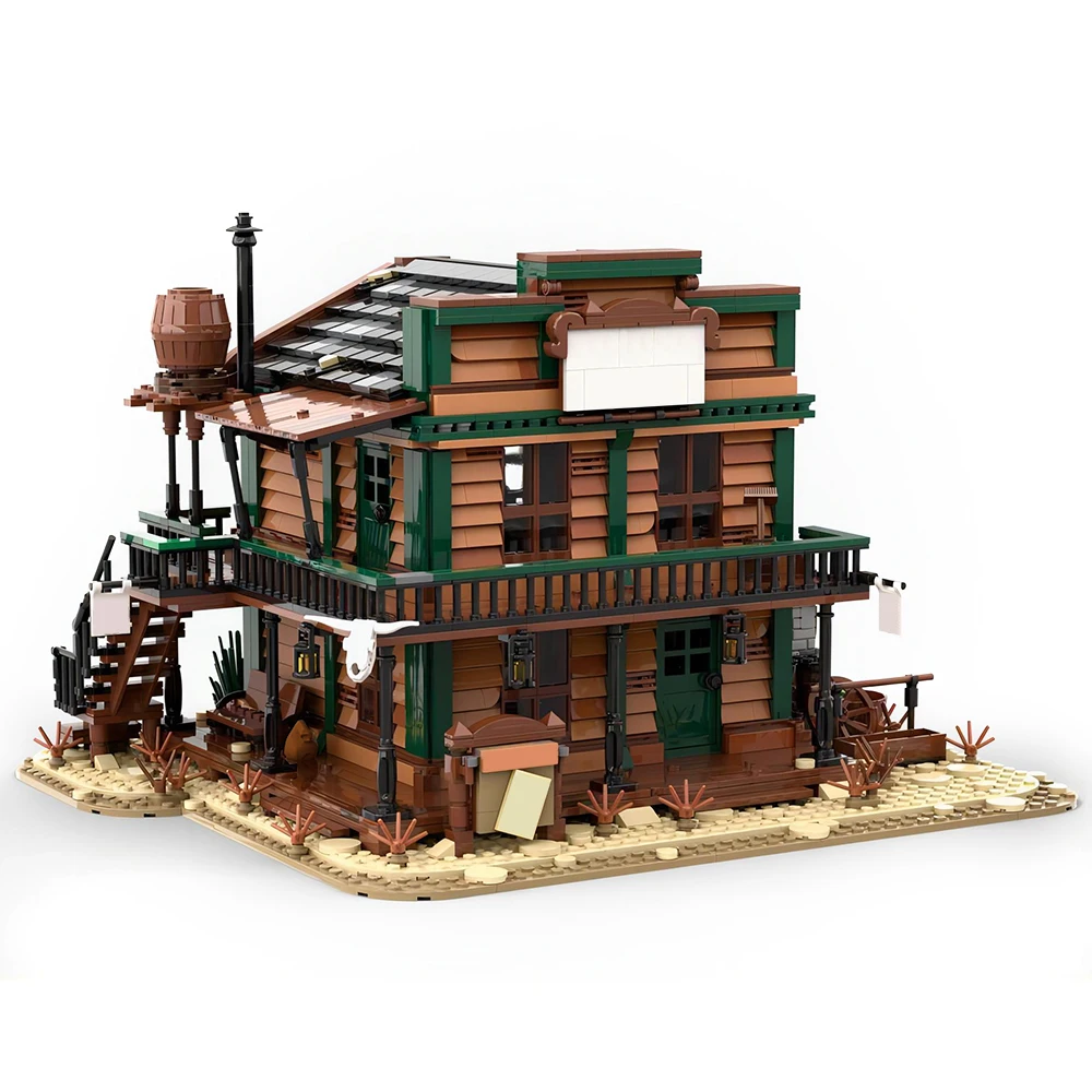 

MOC-151938 Ideas Дикий Запад, двухэтажная отдельно стоящая архитектура с жилой зоной и ячейкой, 3032 шт. строительных кирпичей, игрушечный костюм