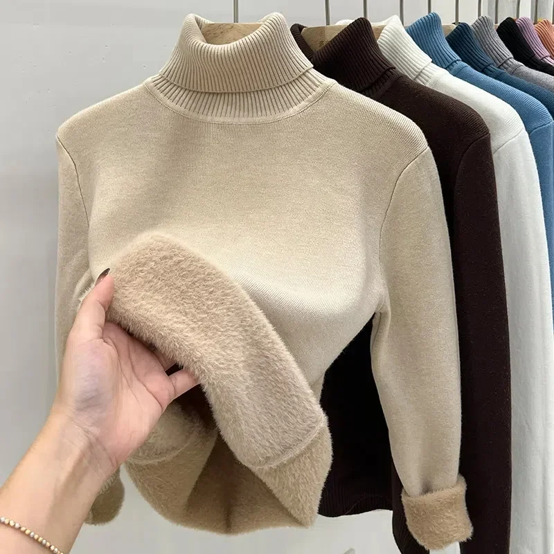 

Winter Thicken Turtleneck Sweater Women Korean Fashion Lined Warm Knit Long Sleeve Pullovers Slim Warm Top Woman Knitwear Jumper