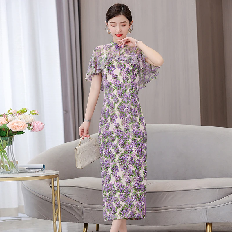 

Женское платье с накидкой и рукавом, элегантное платье фиолетового цвета в улучшенном стиле Ципао, лето 2023