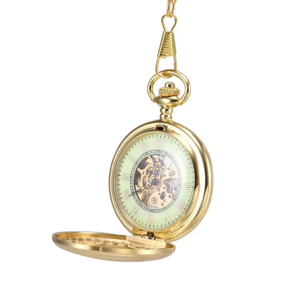 Men Women Mechanical Pocket Watch Golden Hollow Carved Case with Chain LL@17