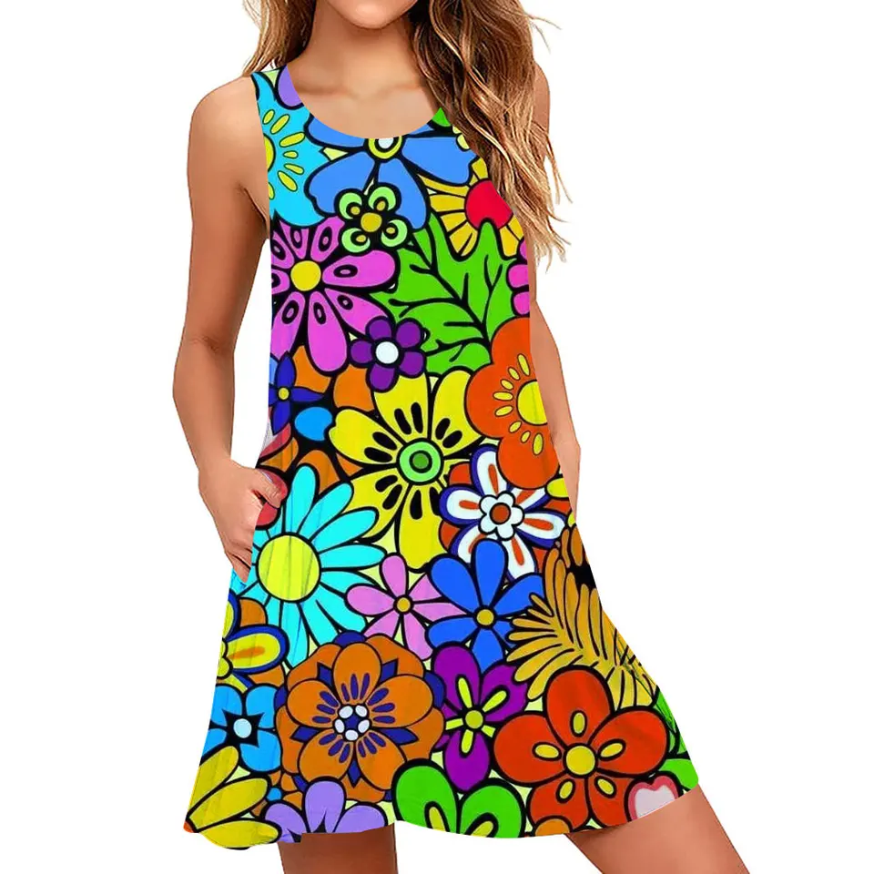 Vestido Retro Con Cuello En V Y Estampado Floral 3D Para Mujer, Estilo Vintage, Manga Corta, Corte En A, Elegante, Informal, Holgado, Estilo Bohemio. Compra Barata En