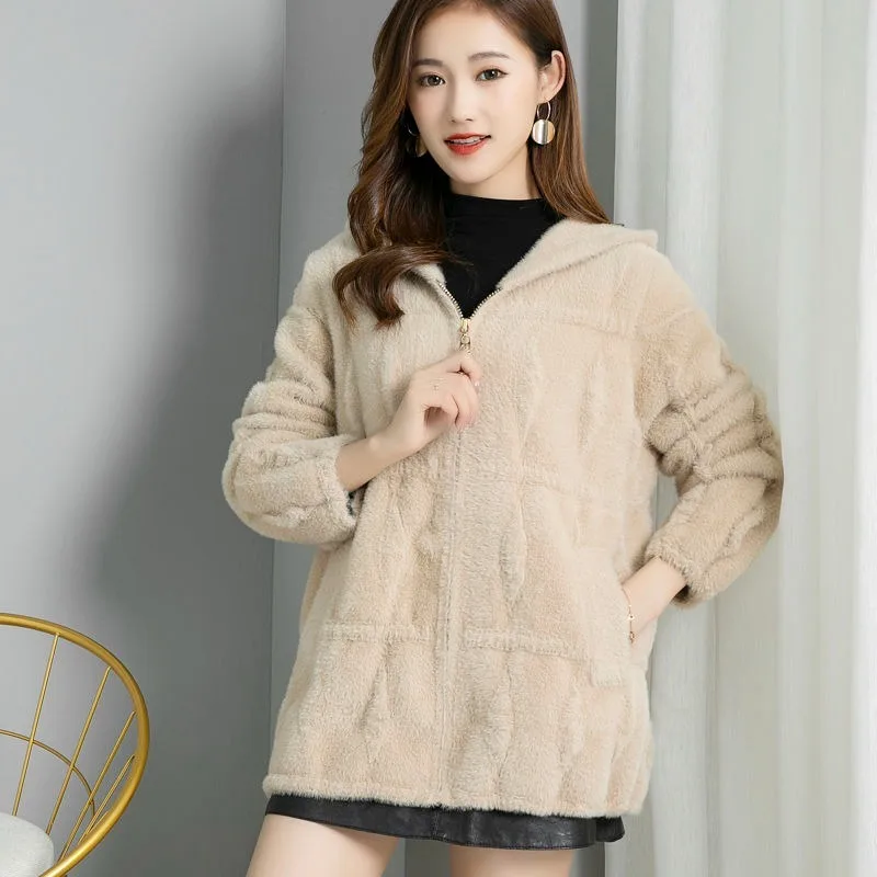 2023 New Imitation Mink Fleece Hooded Knitted Zipper Cardigan Women Autumn Winter Fashion Sweater Coat
