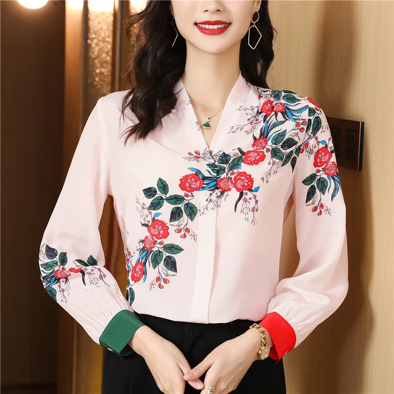 

Women Floral Satin Silk Shirt Blouse Spring Summer V Neck Long Sleeve Elegant OL Office Ladies Work Shirt Casual Tops Clothes