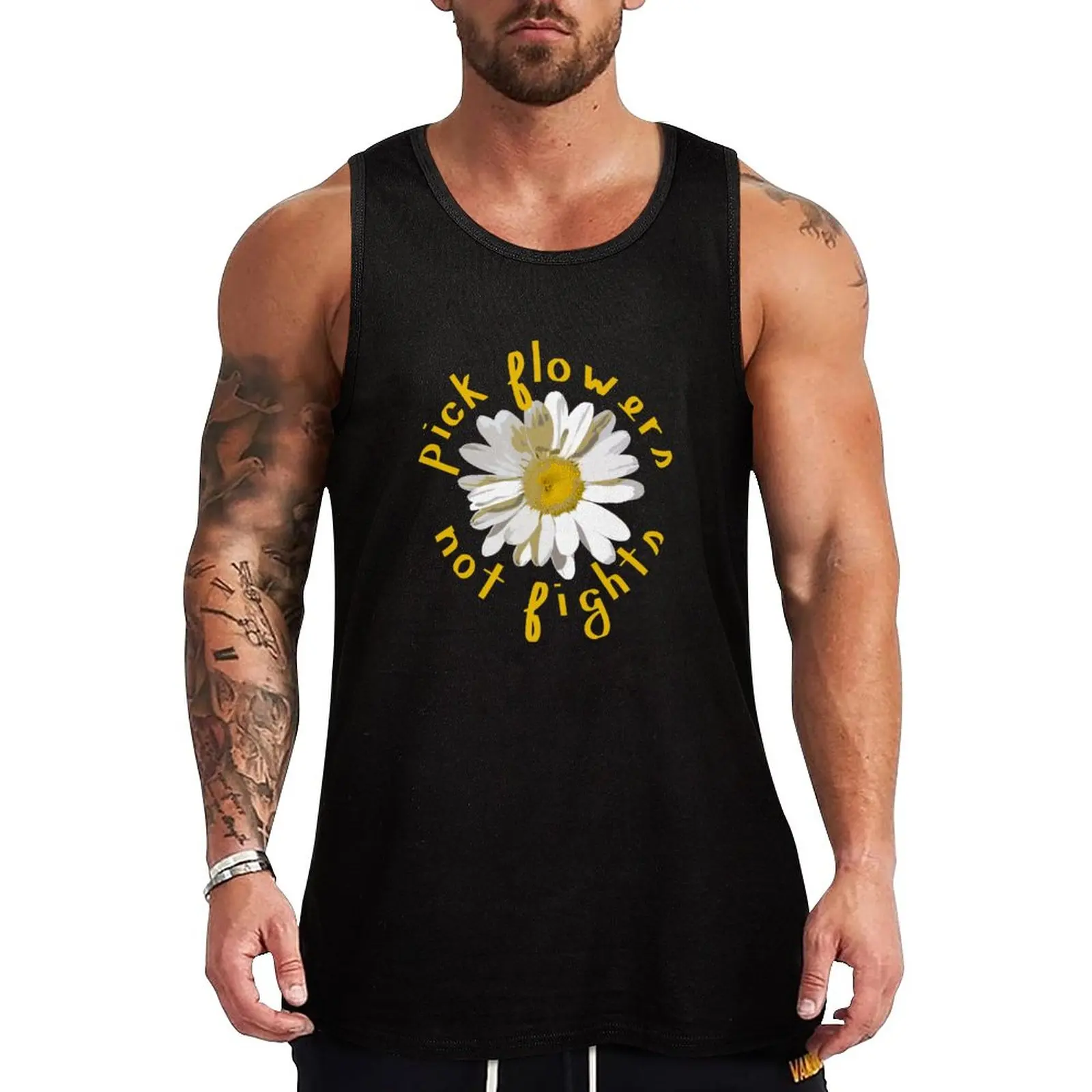 

New Pick Flowers Not Fights in Black Tank Top clothing men Men's cotton t-shirt
