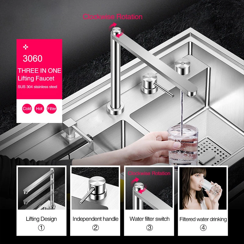 ASRAS Cloaking Kitchen Sink 304 Stainless Steel 4mm Thickness Handmade Brushed Three Cover Hidden Large Size Double Sink 4