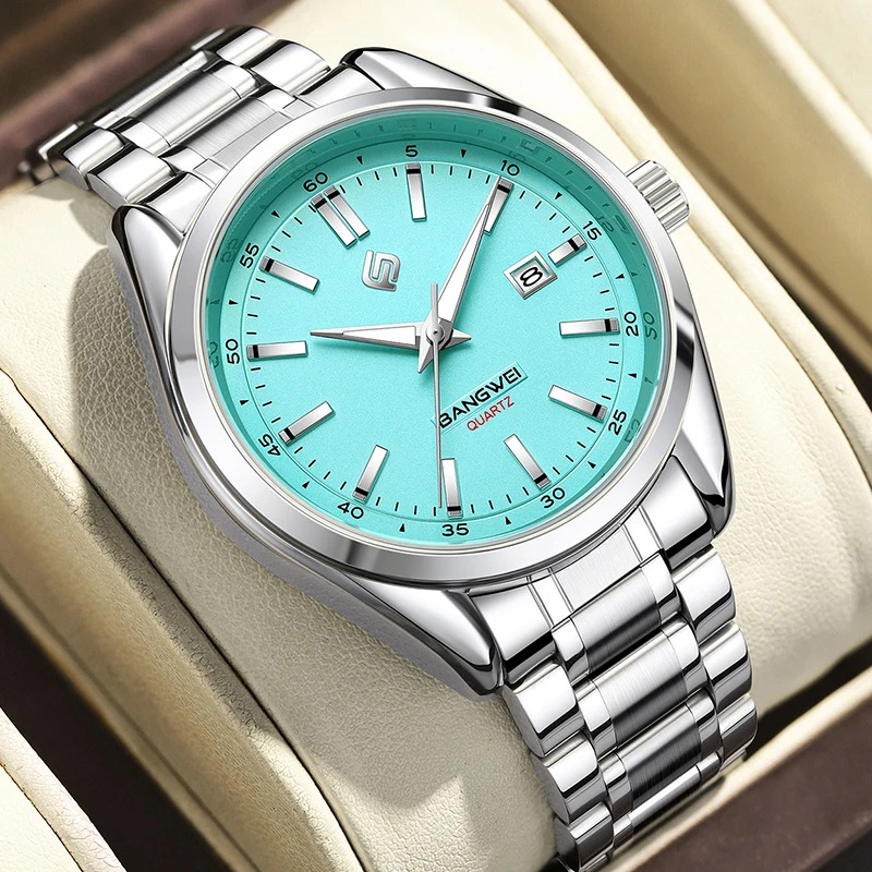BANGWEI New Luxury Men Watch Top Brand Classic Business Stainless Steel Dual Calendar Quartz Wrist Watch for Men Reloj Hombre