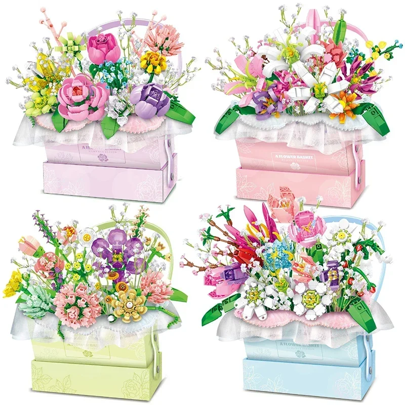 Flower Gift Box Building Blocks Diy Bouquetr Basket Flower Immortal Rose Assembly Bricks Home Decor Romantic Gift for Grils