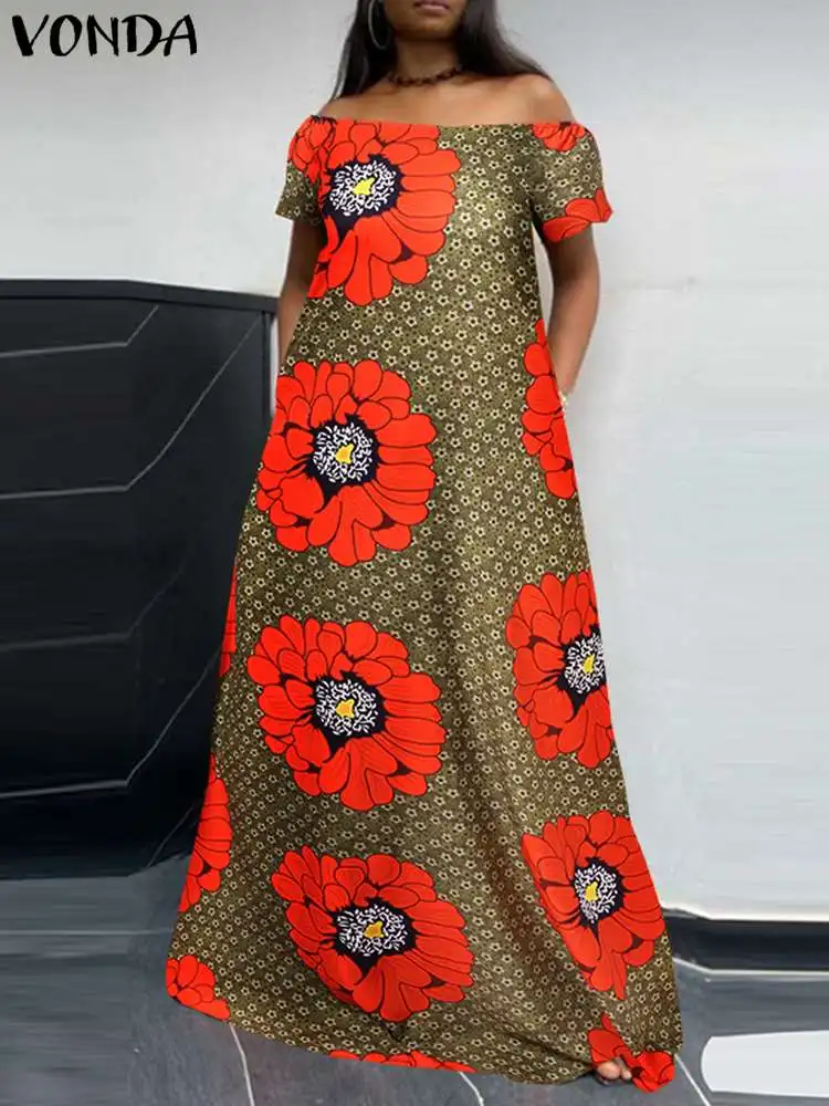 

Bohemian Summer Floral Printed Maxi Dress Women VONDA Short Sleeve Long Sundress 2023 Casual Loose Sexy Off Shoulder Beach Robe