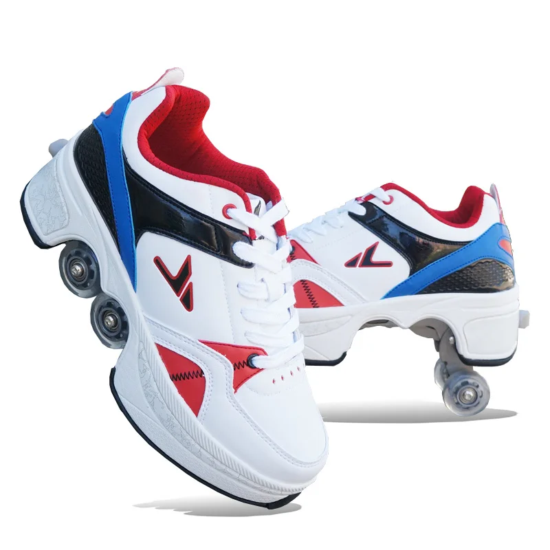 

Pu Leather Adult Sport Roller Skate Shoes Casual Deformation Parkour Sneakers Skates With 4-Wheel For Rounds Children Of Running