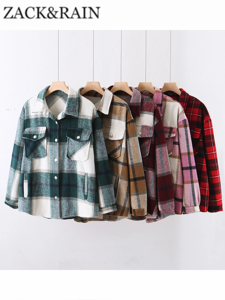 

ZACK RAIN однобортная шерстяная клетчатая куртка, пальто для женщин, осень 2023, винтажная куртка-поло с длинным рукавом, женская верхняя одежда, шикарная