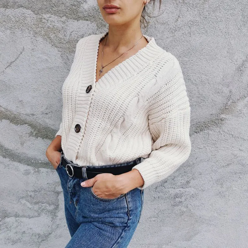 

Women Vintage Cardigan Knitted V Neck Sweater White Autumn Winter Long Sleeve Cardigan Knitted Sweater Woman Vintage Coat Jacket