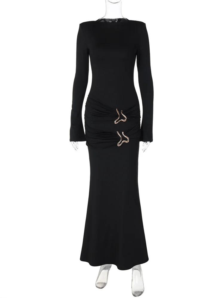 Autumn Fashion Black Maxi Dress For Women Pleated Slim High Waist Long Sleeve Elegant Sexy Party Dress Ladies Y2k Dress