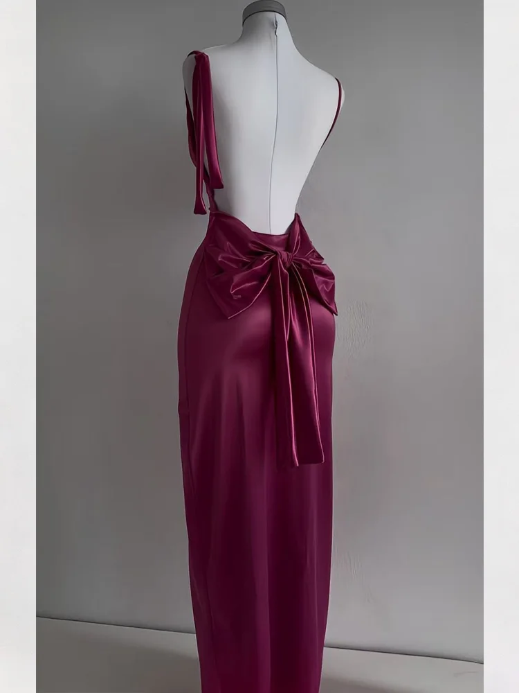 New Summer Women's Tube Top Suspender Rose Red Dress Elegant Satin Suspender Dress Fashion Backless Bow Waist Slim Evening Dress